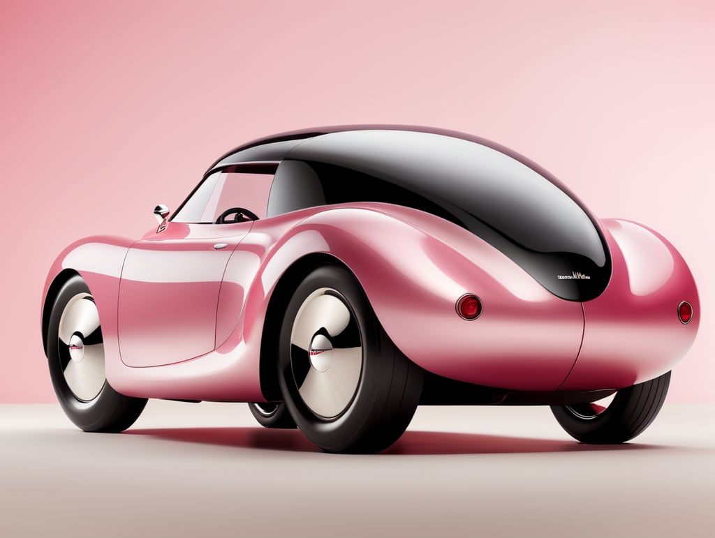 Summer light, design Charlotte Perriand, design philippe starck, art by jacques tati, a concept car futuristic 50'sshinny pink and deep red glossy Shiny, sporty, dynamic lines, chic streamlined bodywork with elegant curves, ceramic, gold posed on a wood socle, in a front of minimalist pasl plain background