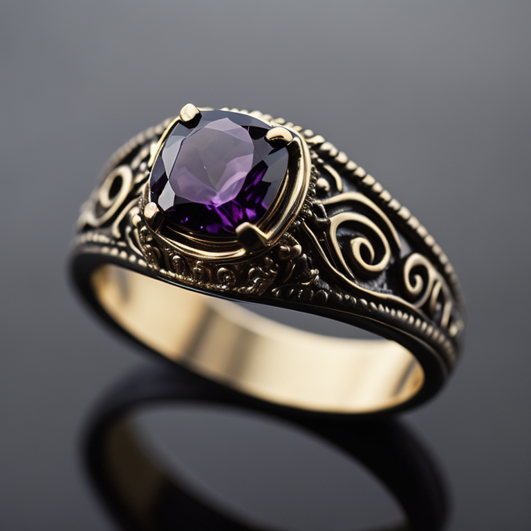 Золотое кольцо с руандийским аметистом в готическом стиле, отделка мелкими черными бриллиантами