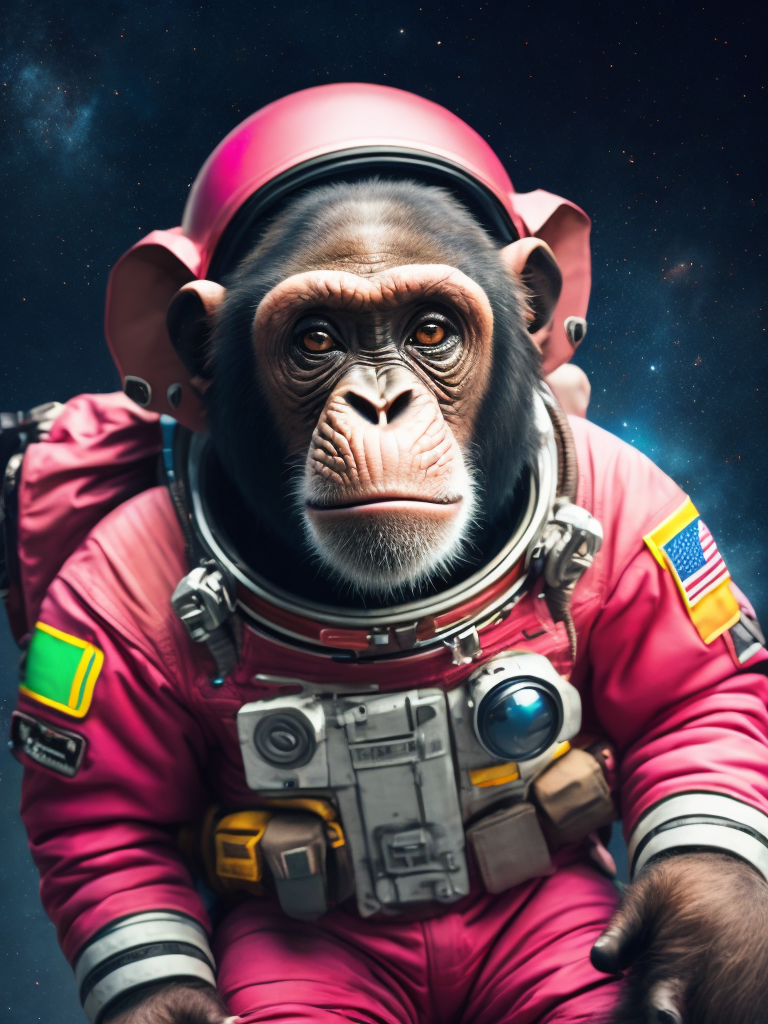 A chimpanzee going to space, wearing pink color astronaut suit, Vivid saturated colors, Contrast light, studio photo, professional photo, Detailed image, detailed face