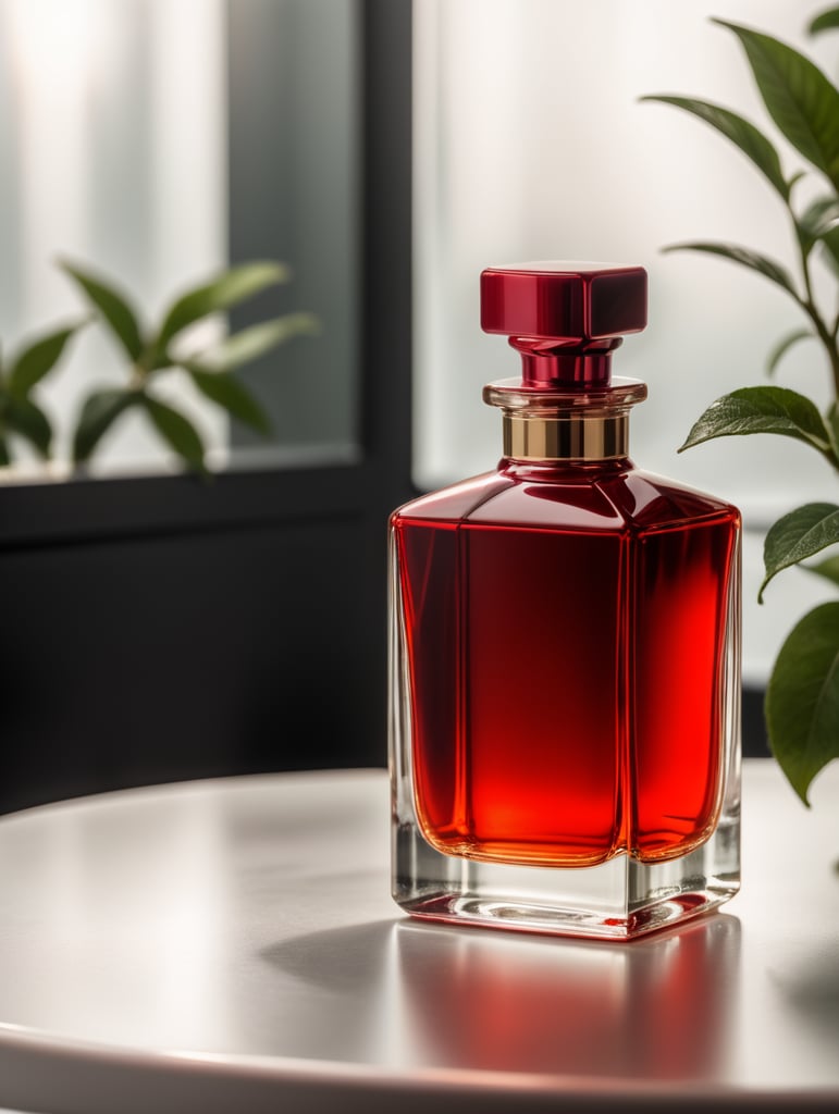 Mockup shot of a plain perfume red bottle in a studio background, professionally color graded, award-winning image