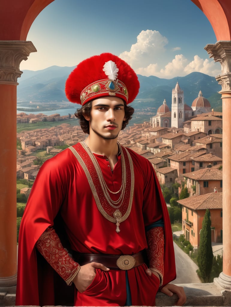 A young man in a headdress and red clothes against the backdrop of an Italian town, style of Alessandro Allori