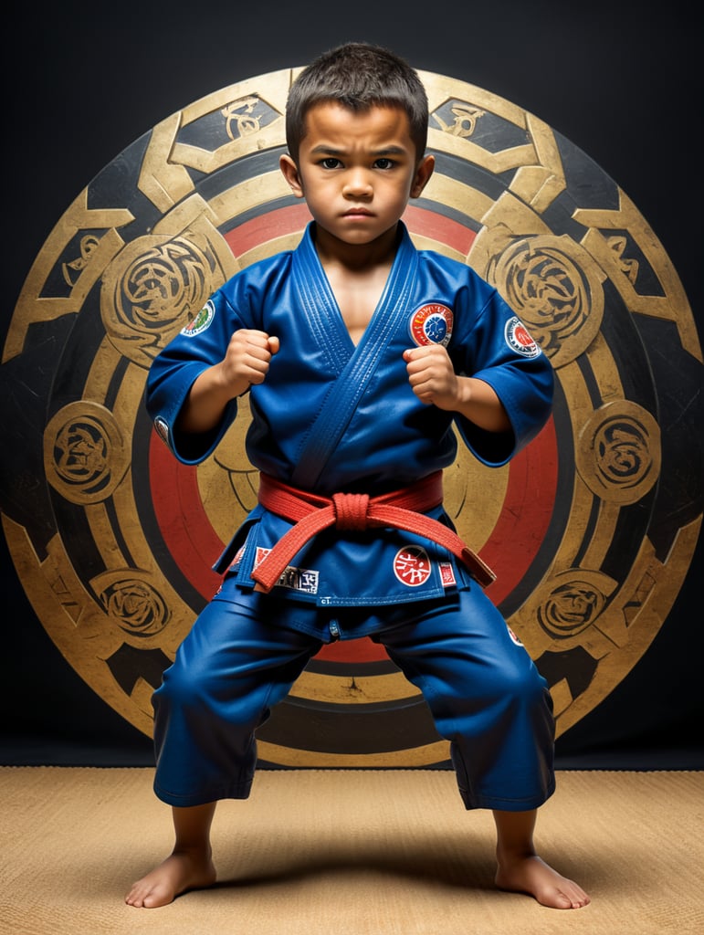 create a logo with the image of a child fighting jiu-jitsu with his arms crossed in front of his body. This image must be a 2d illustration.