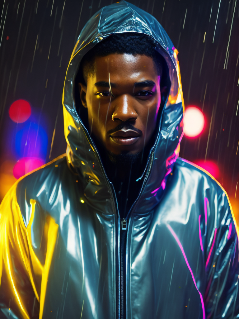 a black man wearing ((transparent raincoat)), under the rain, ultra realistic, neon lights