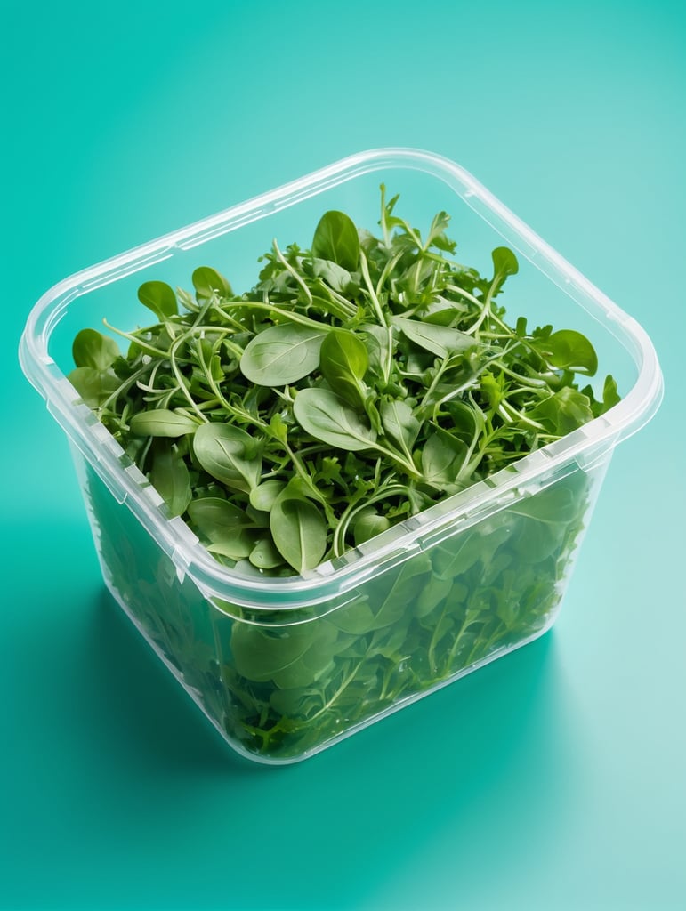 blank Transparent Plastic Container with Arugula Salad, isolated, cyan background, Mockup, mock up