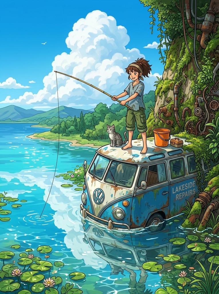 A barefoot girl fishes from a partially submerged, rusty blue and white vintage van in a vibrant lake. Wearing a light blue shirt and green shorts, she holds a long pole alongside a small gray cat and an orange bucket. The weathered vehicle is embedded into a mossy cliff face overgrown with vines and rusted mechanical parts. Green lily pads float on the calm water, perfectly reflecting a massive, fluffy white cumulus cloud and clear azure sky. Rendered as a 2D cel-shaded digital illustration, the artwork features a bright, nostalgic anime aesthetic with rich colors and crisp lighting.