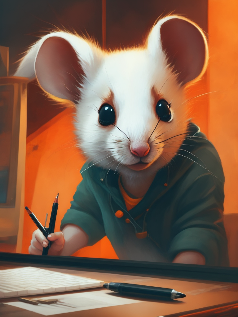Cute white mouse look like a human stylized as a software engineer near the computer. Large free space on the left half of image. High key. White color.
