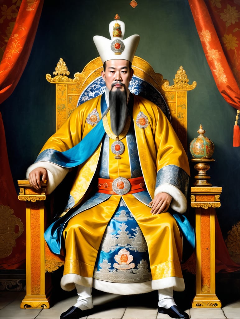 An 18th century painting of a vietnamese emperor sitting down, wearing european clothing and an asian imperial crown