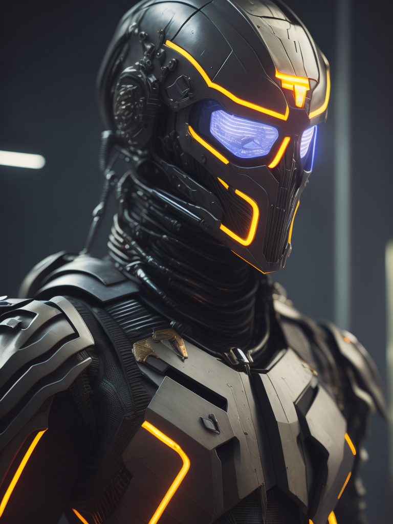 Ultra-detailed soldier from counter strike game in a base, with anthropomorphic cybernetic skeleton elements on metal armor, neon lights reflections, reflection mapping, intricate design and details, dramatic lighting, hyperrealism, photorealistic, cinematic, 8k --ar 9:16 --v 5