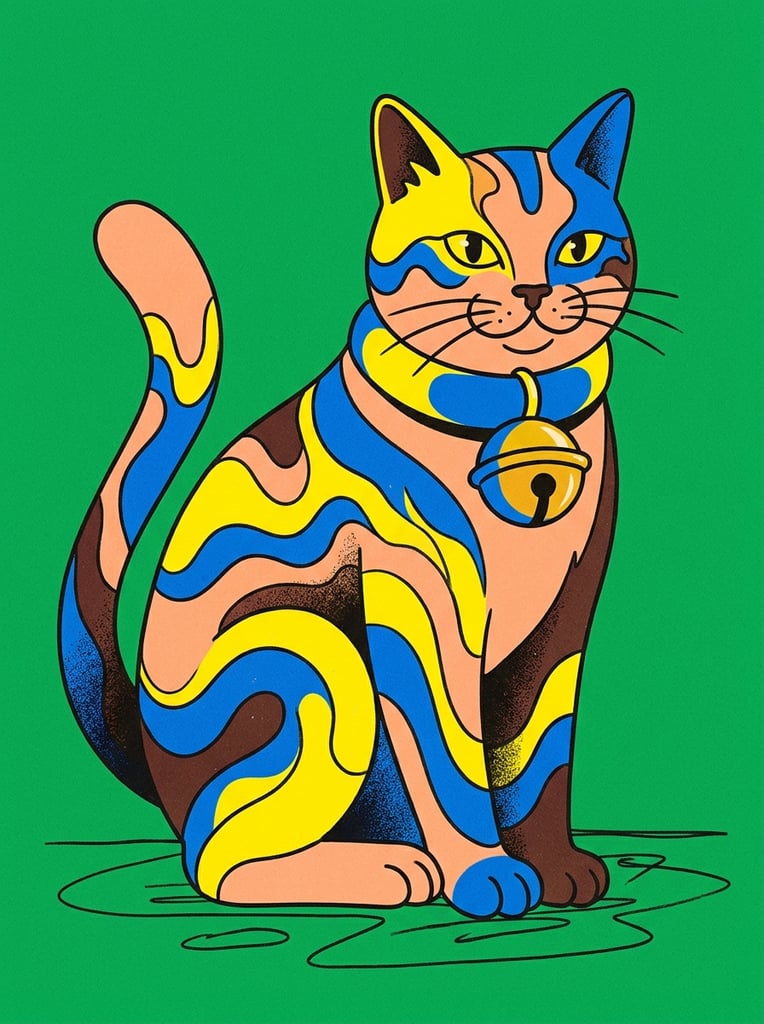 A stylized, graphic illustration of a cat adorned with bold wave patterns and a bright bell collar, centered against a solid, vibrant Kelly green background. The feline is rendered in a contemporary editorial art style characterized by flat color blocking, exaggerated proportions, and a high-contrast palette of bright yellow, primary blue, peach, and deep brown. Distinct, undulating wave shapes span the cat's body, contrasting sharply against its base colors. A simple, oversized bell collar encircles its neck. The artwork combines crisp, clean edges for the main shapes with localized, coarse stippled grain applied selectively to create minimal, risograph-style textured shading. Sparse, loose dark hand-drawn outlines define a grounded surface below the subject, emphasizing the flat, pop-infused visual aesthetic.