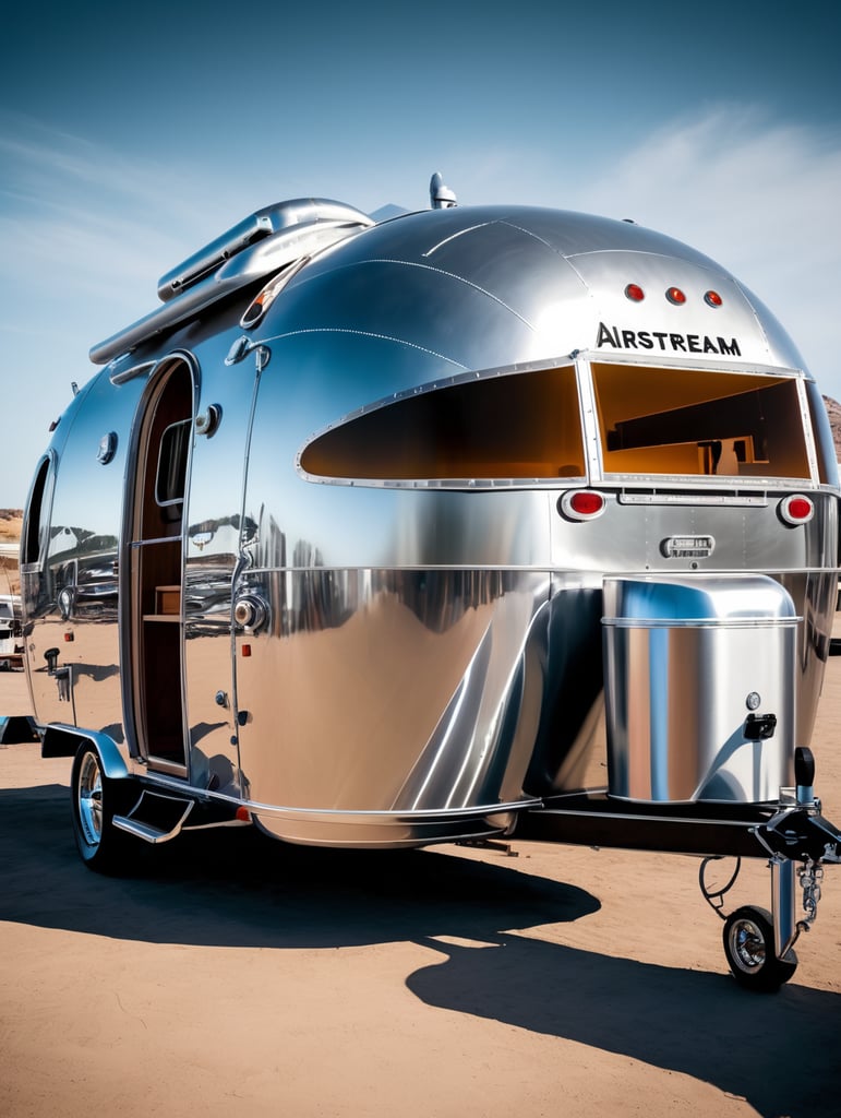 Futuristic alien Airstream camping trailers, steampunk and neon, cyber technology
