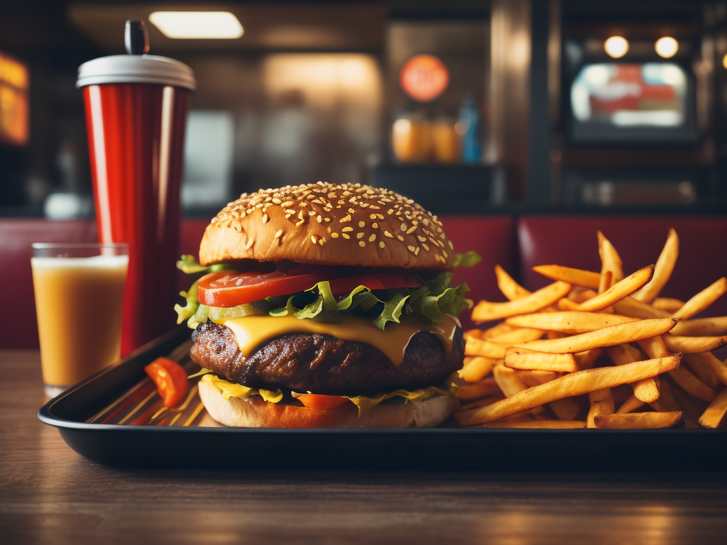 vintage photo of burger and fries on a tray in colorful vintage diner