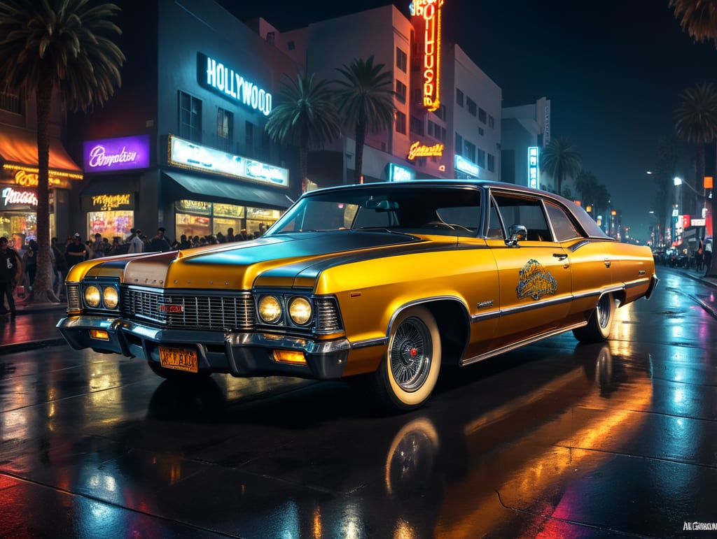 Lowrider car on hollywood boulevard by night