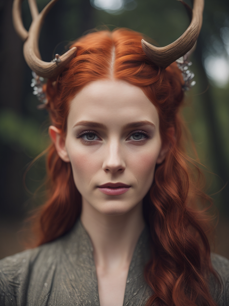 celtic pagan red haired woman wearing antlers on her head, goddess, beautiful, in a forest