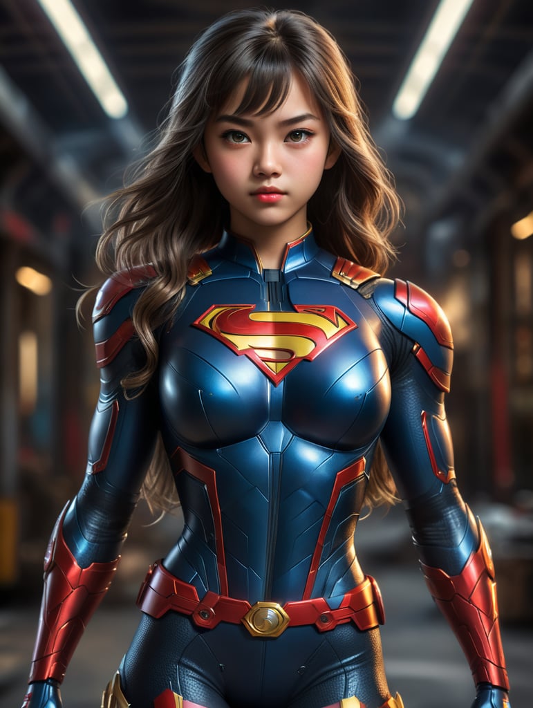 teenage girl superhero with strong pose and cute face, Chinese eyes , need to have front hair bangs in her super girl suit