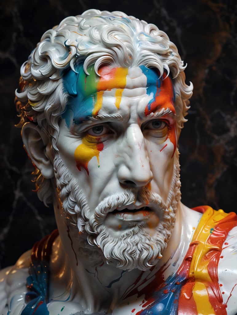 greek male white marble bust with colorful paint, melted, the paint is flowing, aesthetic background