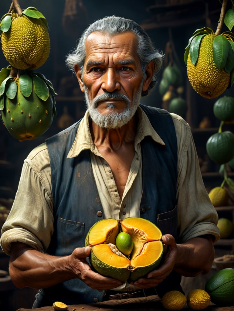 An old south american man, holding a jackfruit, in pixar style