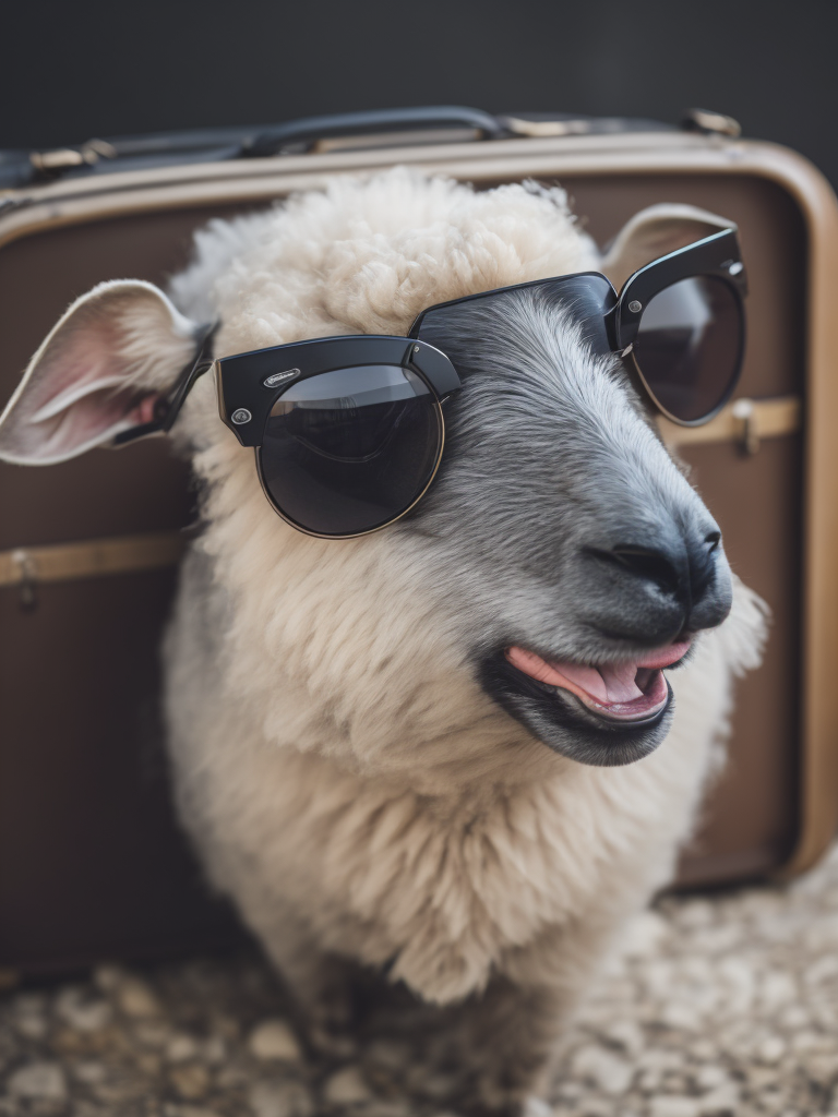 a sheep wearing sunglasses standing beside a travel luggage, studio white background, sharp detail