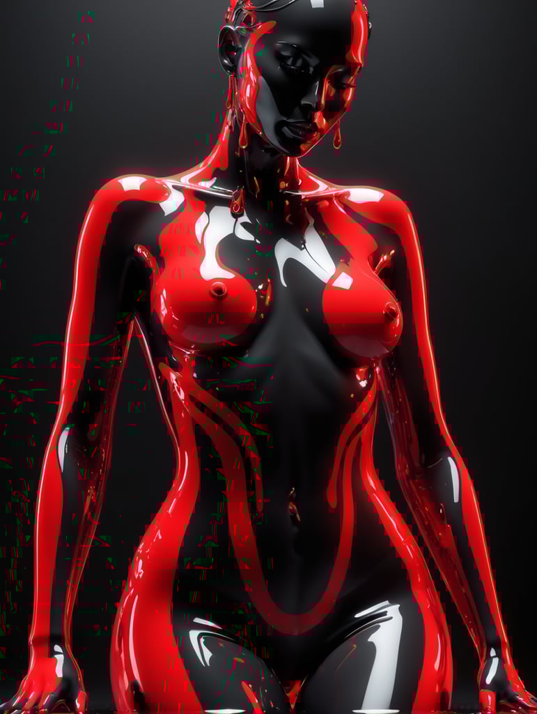 smooth female figure in neon reds, reflection on body, in the style of vray tracing, dripping, grotesque beauty, rendered in cinema4d, mystical, black background, abstract, minimalism
