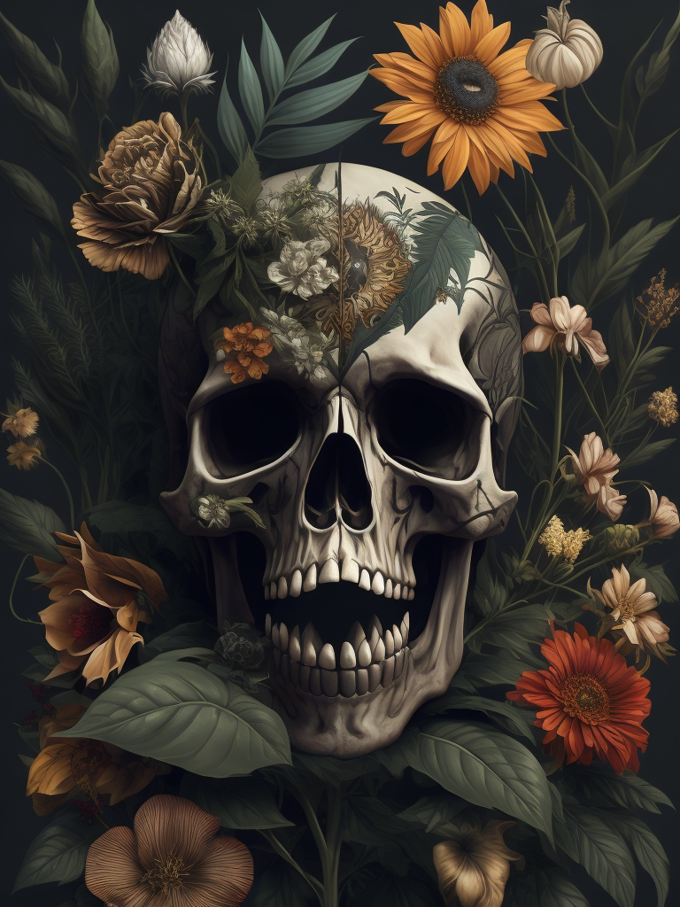 vector art of skull and vintage botanical flowers in the background, inspired by Japanese tattoo and hydro74