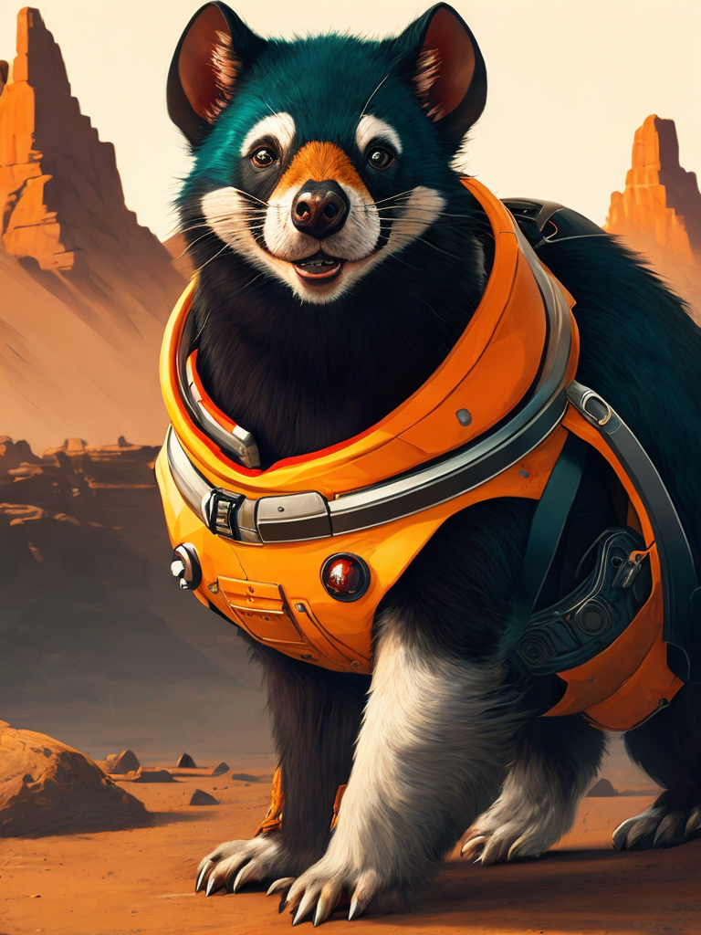 A tasmanian devil in astronaut costume on the ground of the planet mars