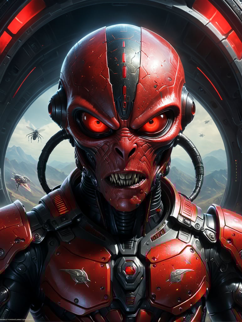 Anthropomorfic alien character with red skin, as a scifi mercenary, insect like, front view, medium shot, spaceship interior background, epic poster art by greg rutkowsky, scifi, fantasy, action, breathtaking, digital painting, highly detailed, pinterest, artstation, eve online, starfield.