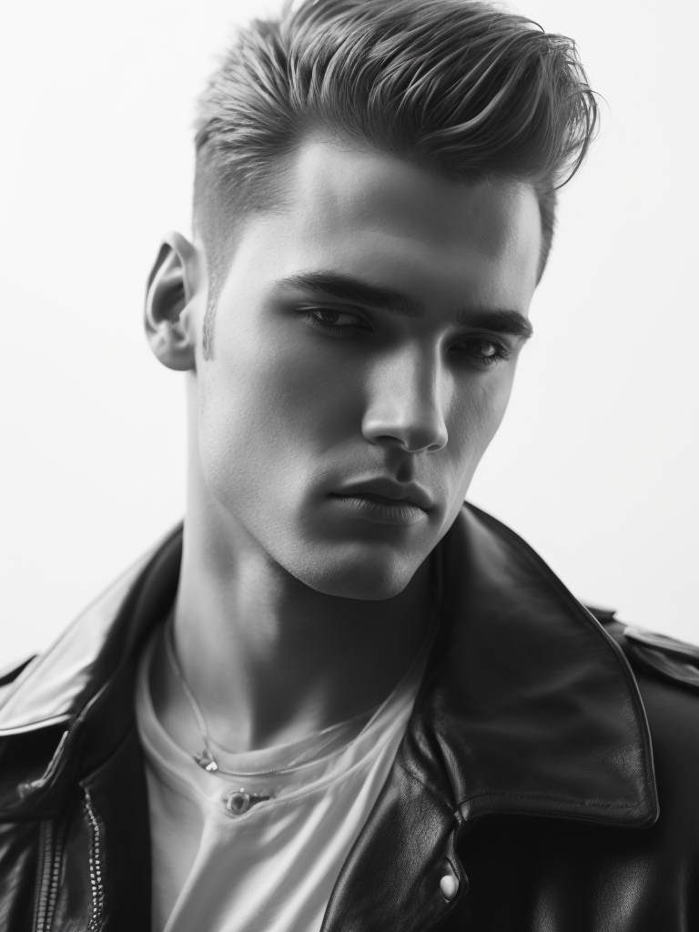 Portrait of a man with a haircut like Elvis Presley, leather jacket, black and white