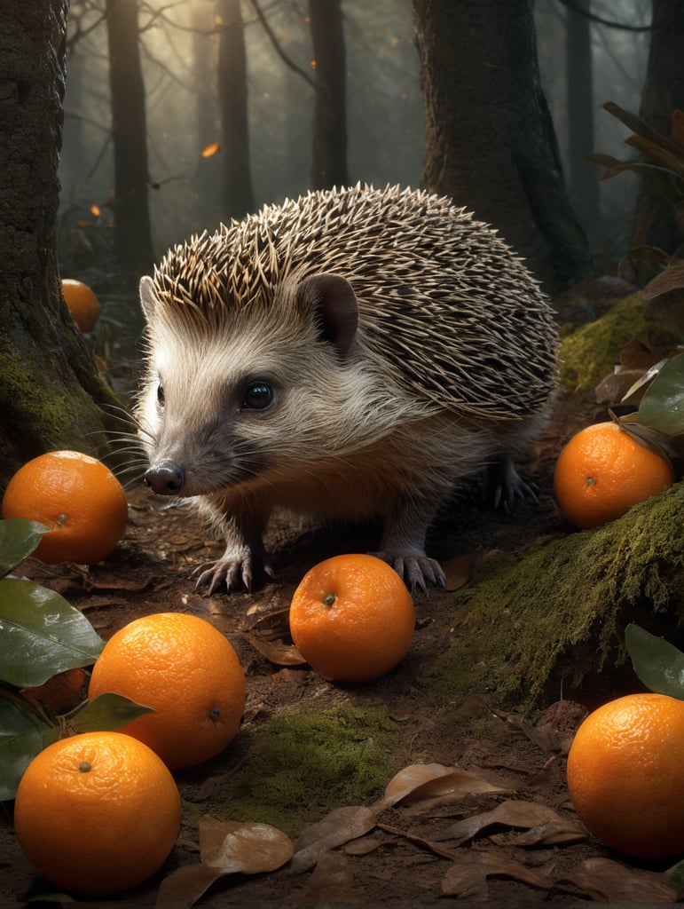 Hedgehog collects oranges in the forest
