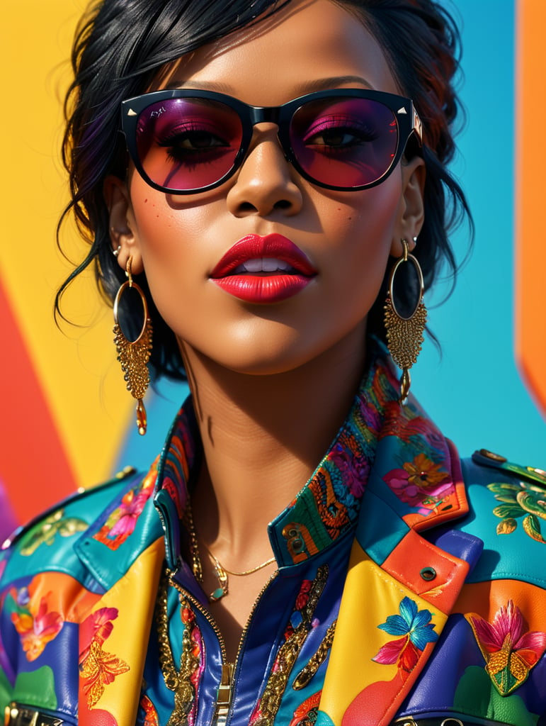 Rihanna wearing a brightly patterned jacket and wayfarer glasses, Vivid saturated colors, Contrast color