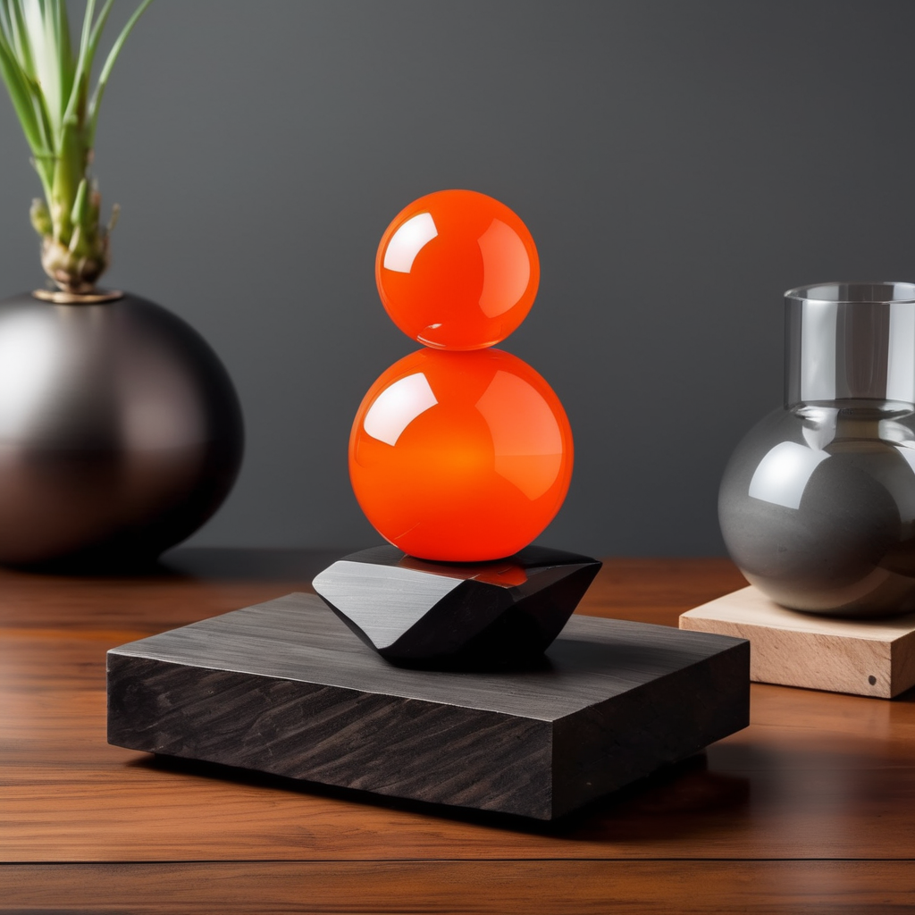 Un tótem de Una roca color naranja brillante sobre una pieza de madera natural muy obscura que se encuentra sobre un bloque de cobre arriba de una esfera pequeña de vidrio. Que parezca una escultura en equilibrio de arte contemporáneo en un entorno gris obscuro sin muchos elementos