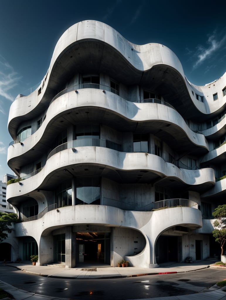 white building with curved shapes in front, in the style of the stars art group (xing xing), women designers, eclectic curatorial style, sculptural costumes, concrete, urban influences, flowing fabrics
