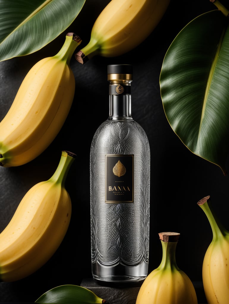 Tall minimalist glass banana vodka bottle design with a texture of closely spaced vertical lines with vibrant colors for a luxury matte black perfume with a shape inspired by vodka bottles. On a dark gray background. Packaging and branding for a banana vodka brand, a set design with banana, and banana leaves.