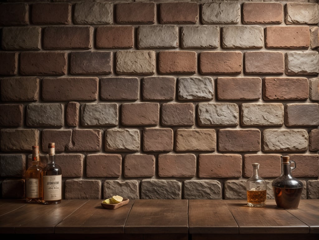 Muro de ladrillo desgastado grande, dentro de una destilería minimalista, rústica contemporánea.