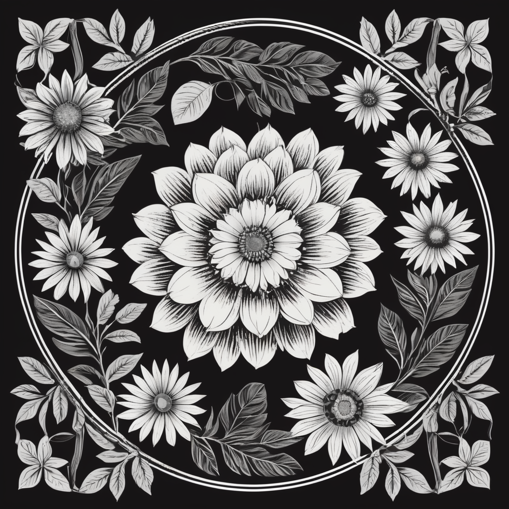 black and white floral border, handmade, vector, flat, scratchboard, circle