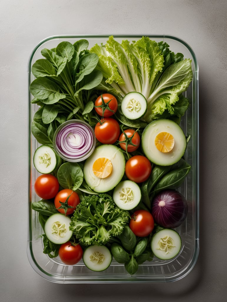 green salad and vegetables in a transparent plastic tray, top view, isolated, mockup