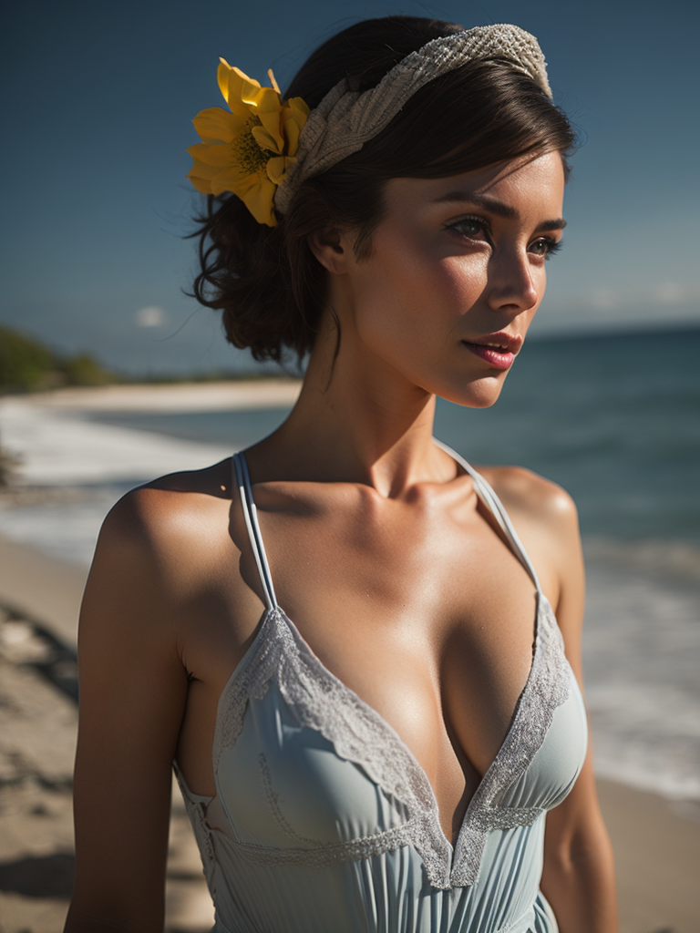 Portrait of a female pinup model in swimsuit on the beach