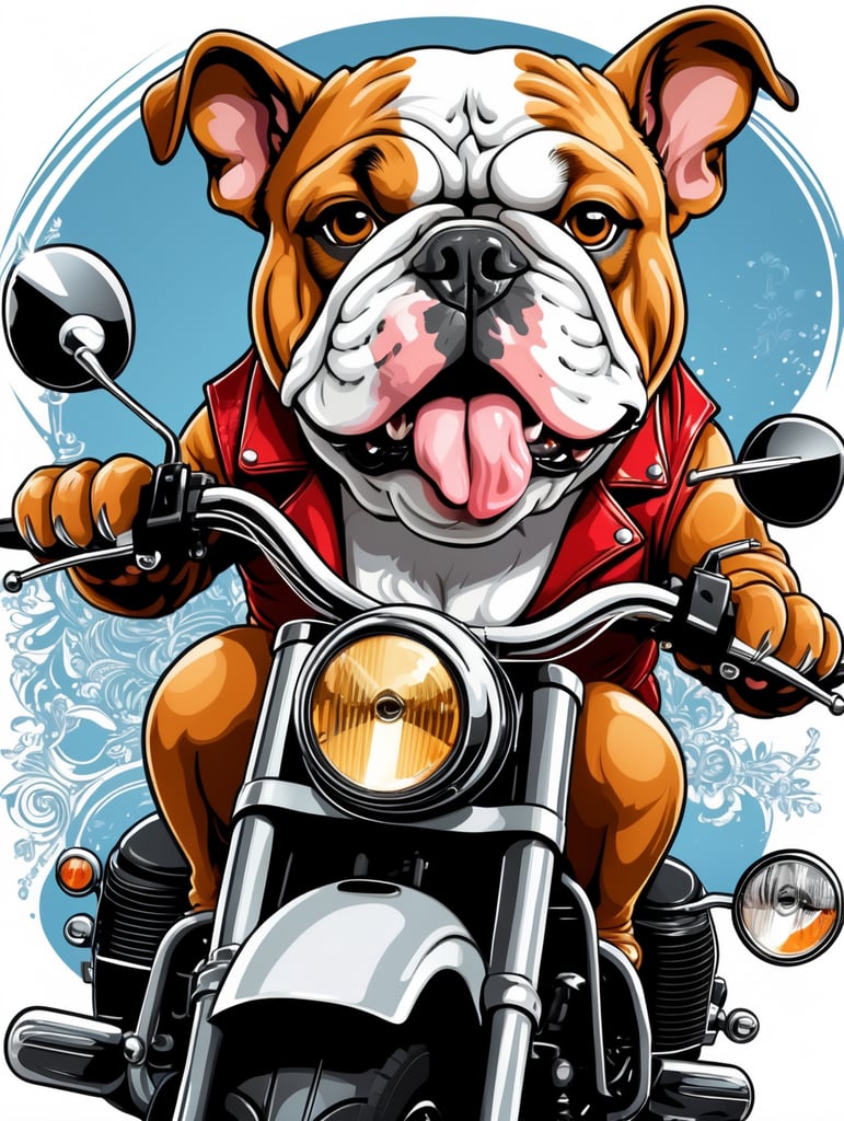 a bulldog riding a motorbike, in the style of vector comic art on white background