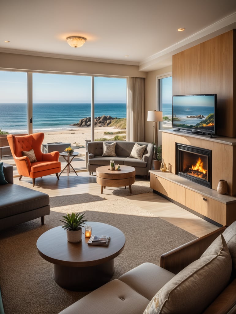 Small beach modern retro hotel with open living space with fireplace and sofa overlooking the ocean. Bright colors