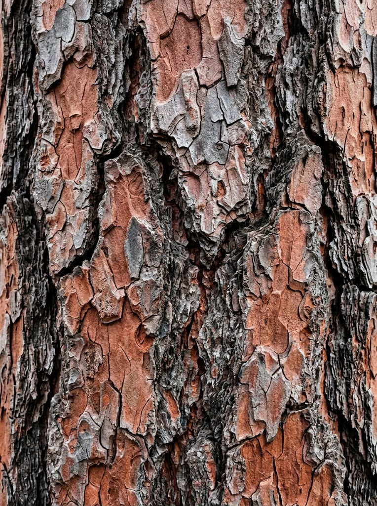 close-up macro photography of rugged tree bark, thick scaly plates separated by deep jagged fissures, interlocking puzzle-like organic shapes, weathered surface in terracotta red and silvery grey tones, deep charcoal black shadows emphasizing 3D relief, highly detailed natural abstract pattern, sharp focus, full-frame texture