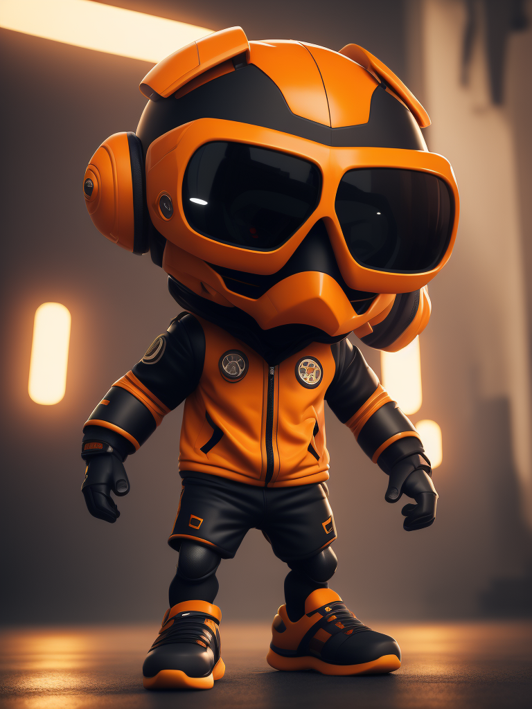 Orange cute style mascot wearing stylish futuristic sports clothes, big sneakers and a futuristic glasses