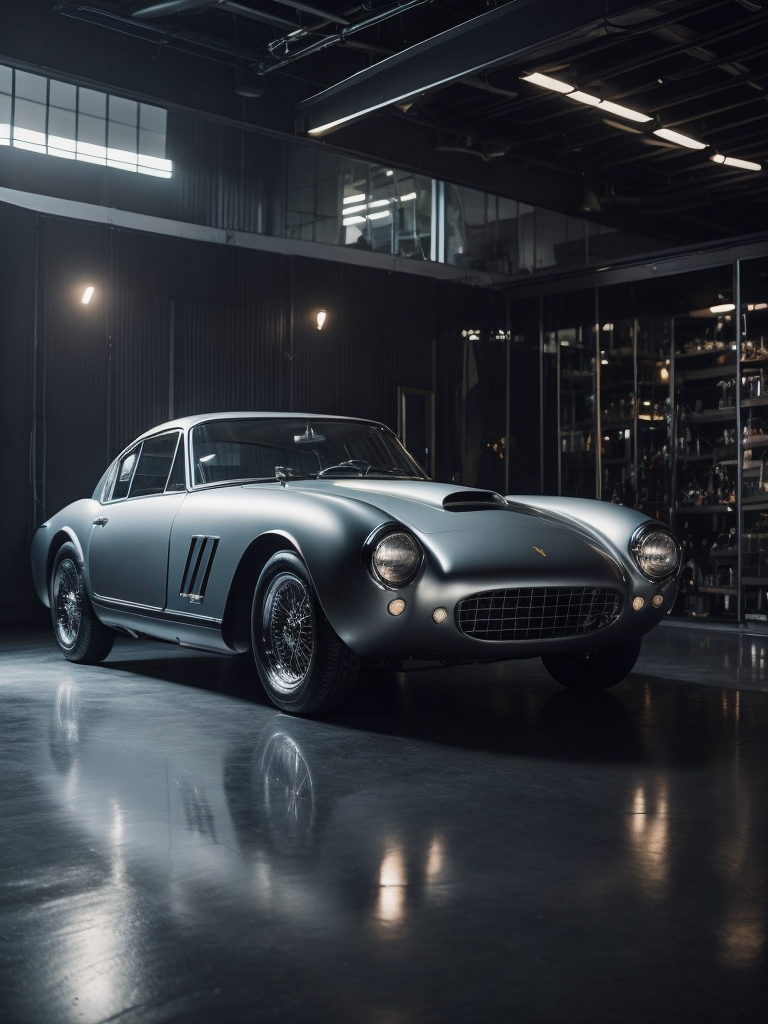A realistic photo of ferrari 250 gt berlinetta (1956) silver in a showcase garage, reflections on the black metallic silver floor, mirrored walls in the background, black lighting, cinematic, 8k, black lighting