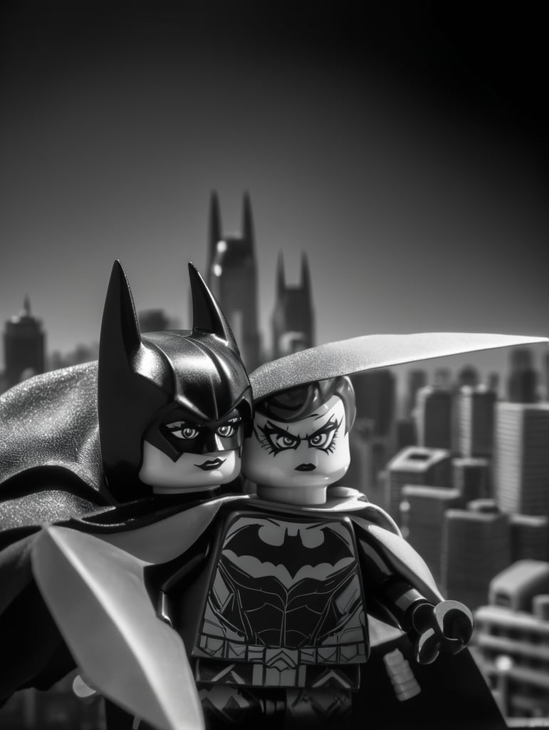 Lego bad girl looking over the city that looks real black and white Batgirl facing the city so we can’t see her face