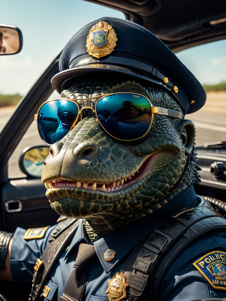 Alligator police officer, sitting behind the wheel of a police car, close-up shot, sunglasses, clipart, stock photo