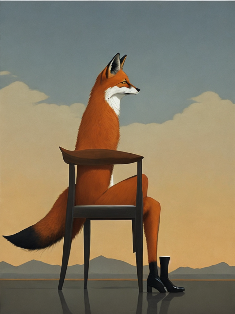 fox sitting on a chair looking to the horizon, illustration, painting, china, style of Liu Ye