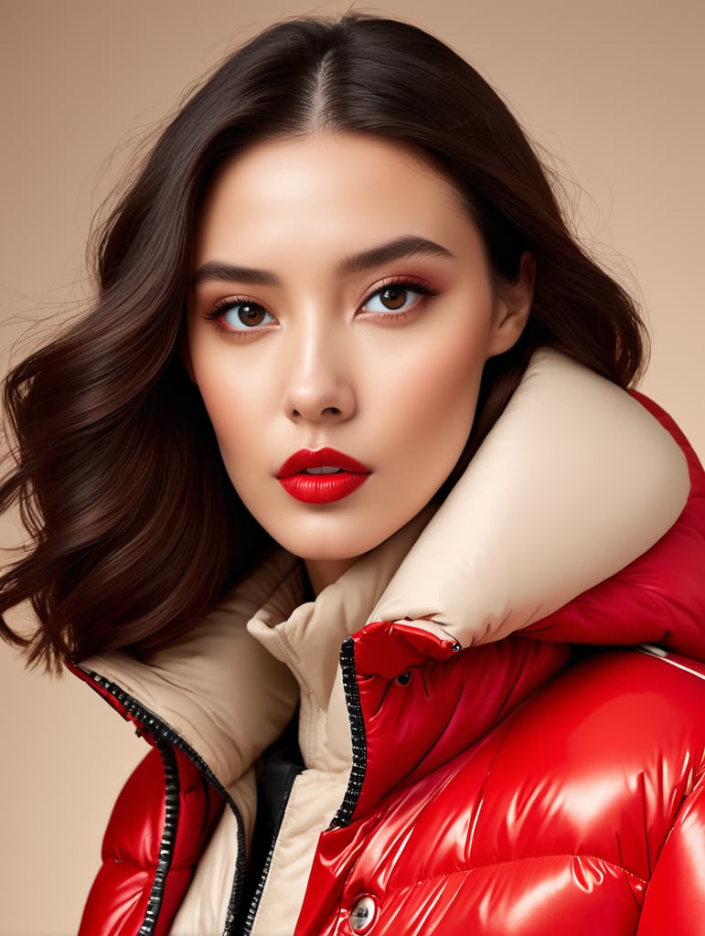 cover magazine models editorial photo, vibrant red puffer jacket, avant-garde, simplygo, photoshoot spread, beige background, harpers bizarre, cover, headshot, hyper realistic