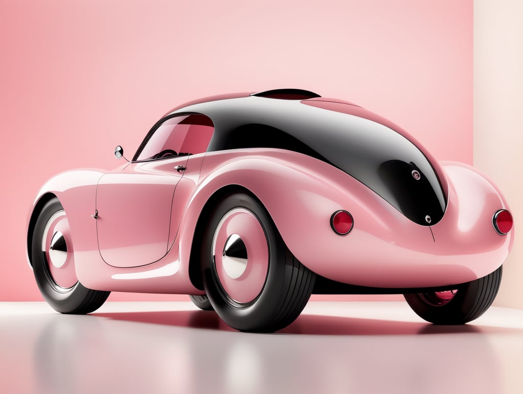 Summer light, design Charlotte Perriand, design philippe starck, art by jacques tati, a concept car futuristic 50'sshinny pink and deep red glossy Shiny, sporty, dynamic lines, chic streamlined bodywork with elegant curves, ceramic, gold posed on a wood socle, in a front of minimalist pasl plain background