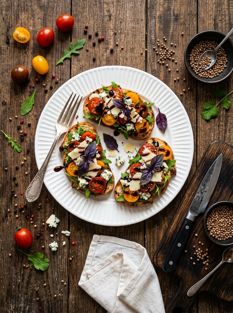 Top-down flat lay of three bruschetta toasts on a ridged white plate over a rustic dark wooden table. The crostini are heavily layered with cherry tomatoes, crumbled blue cheese, shaved parmesan, fresh arugula, purple basil leaves, and a thick balsamic drizzle. A silver fork rests on the plate, surrounded by scattered peppercorns, loose cherry tomatoes, a folded white napkin, a wooden cutting board with a knife, and a small dark bowl of coriander seeds under warm, rich overhead lighting.