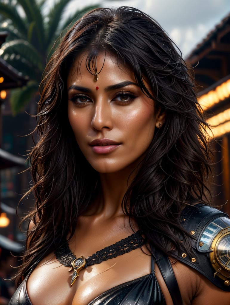 "Chitrangada Singh outside in the rain, dusky skin, big beautiful kohl eyes, wet dense black long hair, black eyes, alluring, revealing string bikini, blushing. Intricate details, HDR, beautifully shot, hyperrealistic, sharp focus, 64 megapixels, perfect composition, high contrast, cinematic, atmospheric, mid shot, photorealistic" "head and shoulders portrait, 8k resolution, provocative string bikini revealing, Greg Rutkowski, Artgerm, Alphonse Mucha dynamic lighting hyperdetailed intricately detailed Splash art trending on Artstation triadic colors Unreal Engine 5 volumetric lighting, steampunk engine"