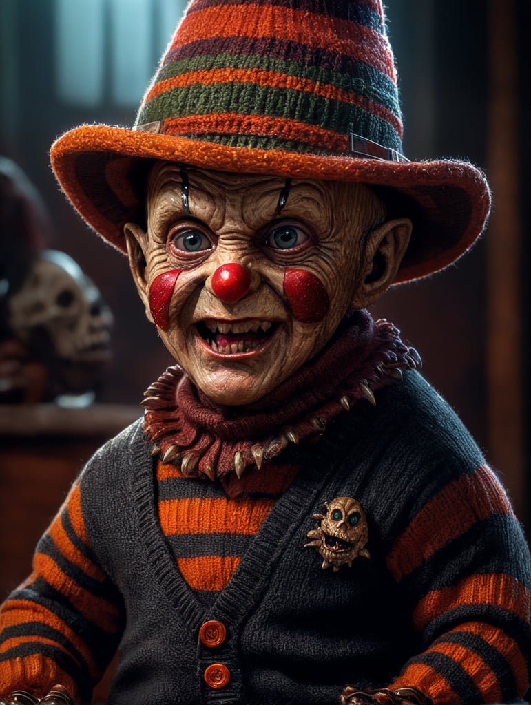 Freddy Krueger as a little cute baby, metal claws, sweater with stripes, hat, Halloween, Vivid saturated colors, Contrast color