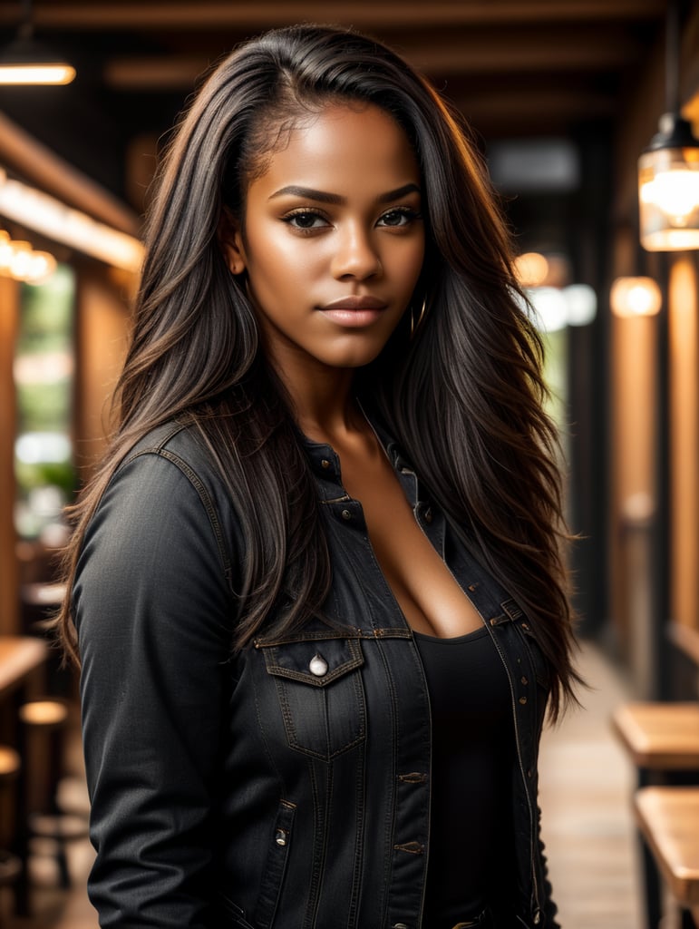 uma linda garota negra de cabelos lisos, compridos, pretos e espessos. ela usa uma jaqueta jeans preta e uma calça jeans preta ela esta em um ambiente mexicano foto hiper realista e detalhada