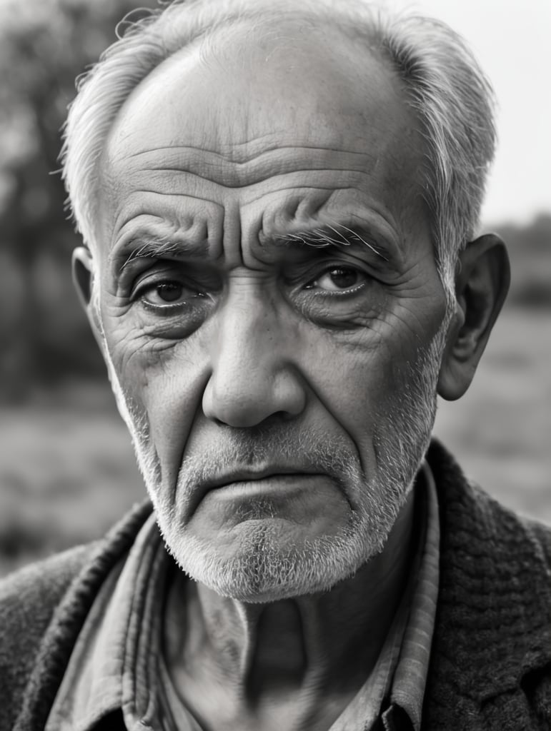 Retrato de Rostro de anciano de campo con mirada triste y cabizbaja en blanco y negro